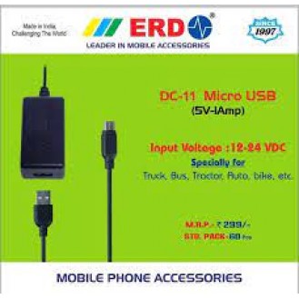 ERD DC Mobile Charger with USB Socket Car Charger DC-11 with V8 Cable Charge with 5v-1Amp